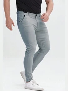 ALLELMS 男士修身抗皱弹力棉斜纹西裤 - 灰色 - 查看 6