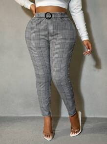 SHEIN SXY Plus Size Women's Houndstooth Pattern Slim Fit Versatile Suit Pants
