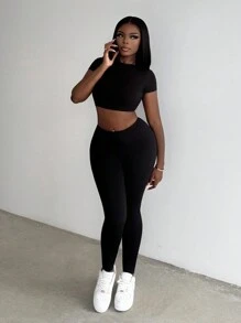 Slaydiva Phong cách thường ngày đường phố/Gyaru dành cho nữ: Bộ đồ mặc nhà tay ngắn cổ tròn màu trơn - 2 món - màu đen - Xem 6