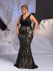 Glamrae Plus Size Black Satin Patchwork Luxury Sequins Sexy See Through Design Elegant Fishtail Heavy Duty Evening Formal Dresses Prom Wedding Guest Gown, For Graduation, Dinner Party Dress