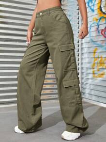 SHEIN EZwear 女士夏季拉鍊飛躍式翻蓋口袋貨物牛仔褲 - 綠色 - 查看 3