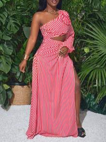 Slaydiva Elegant Striped 3D Floral Dress For Vacation - Red - View 6