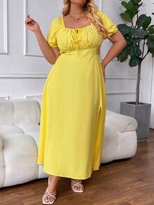 SHEIN CURVE+ Vestido de talla grande con cuello cuadrado, manga corta y abertura alta - Amarillo - Ver 3
