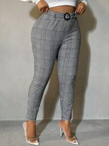 SHEIN SXY Plus Size Women's Houndstooth Pattern Slim Fit Versatile Suit Pants