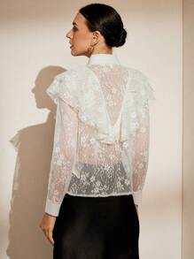 Aveloria Rosie Women's Exquisite Elegant Mesh Embroidered Ruffle Edge Perspecive Spliced Long Sleeve Blouse - Apricot - View 2