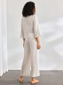 Ocili Leisure Comfortable Linen Side-Tie 7/10 Sleeve Striped 2pcs Homewear Set