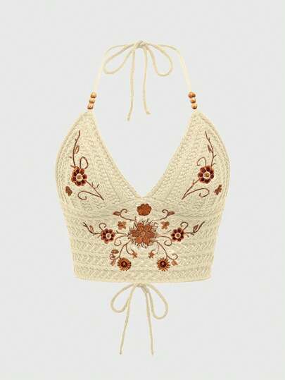 Hippie Flower Embroidery Back Strap Beaded Spaghetti Strap Knitted Top