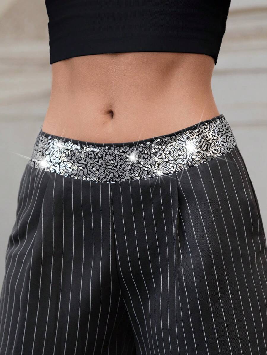 SHEIN Essnce Grey High-Waisted Smart Casual Sequined Wide-Leg Pants For Women - Grey - View 1