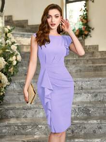 MIUSOL Solid Color Asymmetric Ruffle Sleeve Cocktail Dress, Elegant Semi-Formal Women Dress - Lilac Purple - View 4