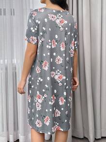 Váy ngủ tay ngắn đơn giản hàng ngày họa tiết hoa dành cho nữ, Moo Moo - Màu xám đen - Xem 2