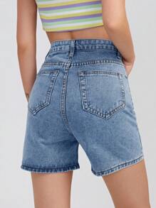 SHEIN EZwear 女裝純色簡約日常丹寧短褲 - 深色水洗藍 - 查看 2