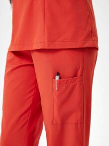 SHEIN TaskFit Women's Plain Simple Daily Short Sleeve Top And Long Pants Uniform Set, Scrub Set - Coral Orange - View 6