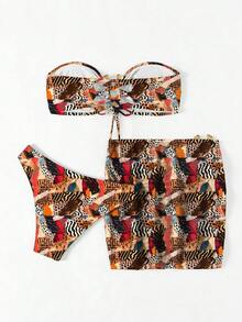 Women's Summer Beach Random Printed Bikini Set 3pcs/Set - Black - View 7