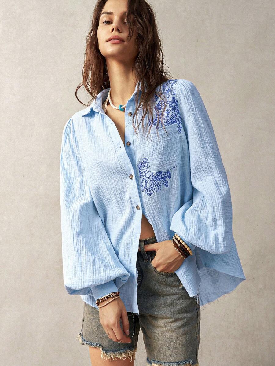Bohemela Blue Embroidered Vacation Teacher Shirt For Women - Baby Blue - View 1