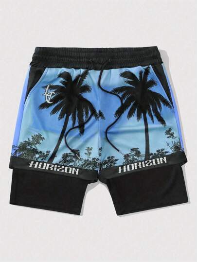 Street Life Men's 2 In 1 Vacation Palm Tree Print Shorts, Suitable For Daily Wear In Spring And Summer, School