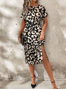 SHEIN Clasi Women's Leopard Print Tie Waist Midi Length Dress - Multicolor - View 3