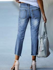 Women's Frayed Edge Denim Pants With Multiple Front Buttons And Pockets, Suitable For Daily Casual Wear