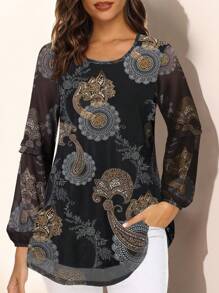 CheersLife Top tunica alla moda a manica lunga da donna, casual con collo rotondo, blusa floreale con doppio strato in maglia per una vestibilità elegante