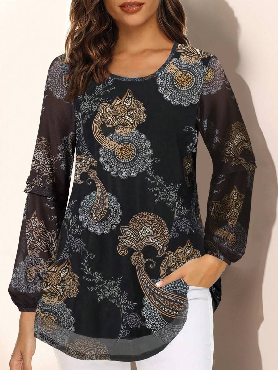 CheersLife Top tunica alla moda a manica lunga da donna, casual con collo rotondo, blusa floreale con doppio strato in maglia per una vestibilità elegante