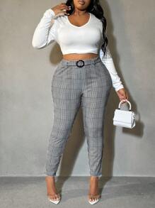 SHEIN SXY Plus Size Women's Houndstooth Pattern Slim Fit Versatile Suit Pants