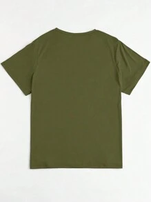 Flirla Camiseta de manga corta estampada con letras para mujer de talla grande, tops gráficos, para verano - Verde Oliva - Ver 2