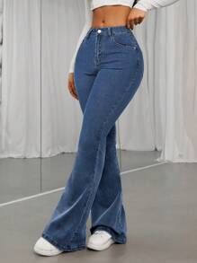 SHEIN ICON Quần jean ống loe lưng cao dành cho nữ - Rửa tối - Xem 4