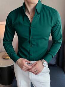 Manfinity Homme Loose Fit Men's Solid Color Button Up Shirt - Dark Green - View 1