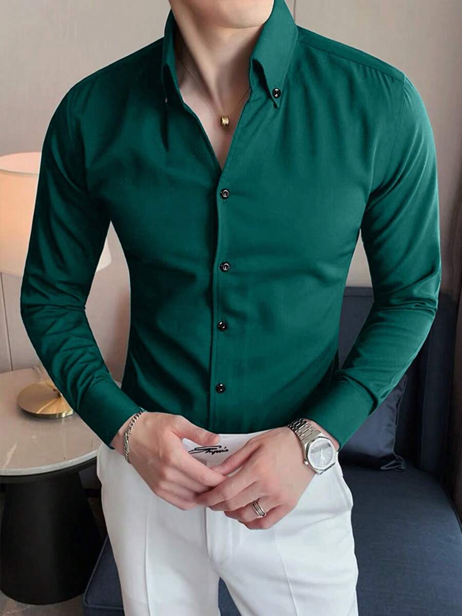 Manfinity Homme Loose Fit Men's Solid Color Button Up Shirt - Dark Green - View 1