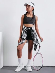 SHEIN 3 Stücke Strickfarben-Blockweste, Leggings und kariertes Hemd mit Kragen Freizeitoutfitset für Tween-Mädchen