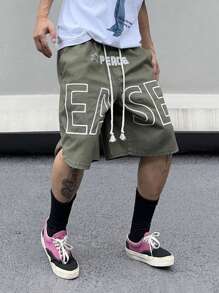 Manfinity Roghcode 男士字母印花束口牛仔短褲，帶雙側口袋 - 綠色 - 查看 7