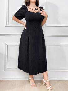 Mulvari Plus Size Women's Elegant Long Black Sweetheart Neckline Puff Sleeve Dress,Summer,Formal,Evening,Wedding Guest,Perfect For Beach/Casual/Vacation - Black - View 6