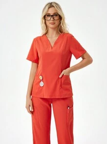 SHEIN TaskFit Women's Plain Simple Daily Short Sleeve Top And Long Pants Uniform Set, Scrub Set - Coral Orange - View 4