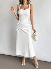 SHEIN Privé Vestido Branco Plus Size com decote halter simples, elegante e romântico para férias na praia de verão, com peito e cintura franzidos e em estilo A, adequado para encontros, festas, piqueniques e acampamentos, casamentos/ noivados, concertos/festivais rave, formatura. - Branco - Visão 7