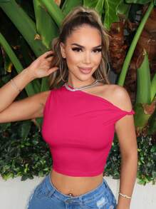 SHEIN SXY Áo ôm sát người co giãn, cổ xoắn bất đối xứng, thắt nút, thích hợp cho mùa hè, đi biển, phong cách cargo, thường ngày, nhẹ nhàng, thướt tha, gợi cảm, phong cách boho, sinh nhật, tiệc độc thân. - Màu Hồng Tươi - Xem 1