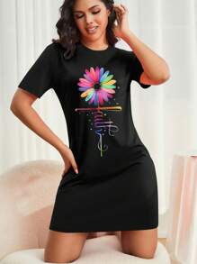 Plus Size Women's Fashionable Colorful Sunflower Print Casual Summer Dress - Black - View 3