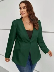 SHEIN Clasi Plus Size Nữ Thanh Lịch Đi Lại Màu Trơn Dài Tay Hở Mặt Trước Phù Hợp Với Mùa Xuân Và Mùa Thu - Màu xanh lá cây đậm - Xem 4