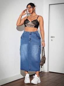SHEIN ICON Plus Size Street Style Sexy Denim Skirt With Back Slit,Cargo Skirt,Fall Women Clothes,Denim Skirt,Back To School,Teacher Clothes, Blue - Medium Wash - View 4