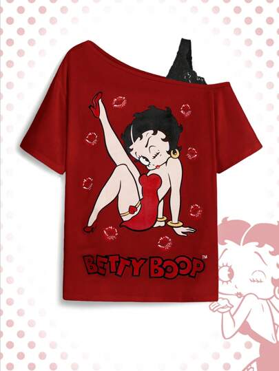 Betty Boop | ROMWE Camiseta con cuello asimétrico y estampado de figura y letra