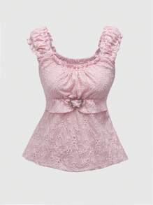 ROMWE Fairycore Áo thun nữ mùa hè cài nút đính đá hình bướm có viền bèo nhún - Hồng - Xem 1