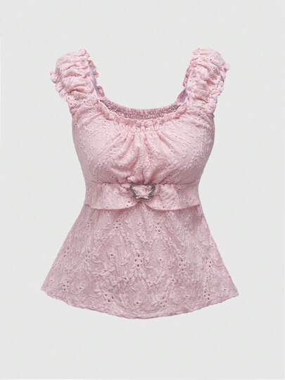 Fairycore Women's Butterfly Rhinestone Button Hem Summer T-Shirt With Frill Trim