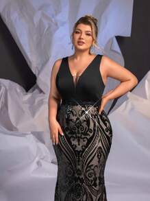 Glamrae Plus Size Black Satin Patchwork Luxury Sequins Sexy See Through Design Elegant Fishtail Heavy Duty Evening Formal Dresses Prom Wedding Guest Gown, For Graduation, Dinner Party Dress