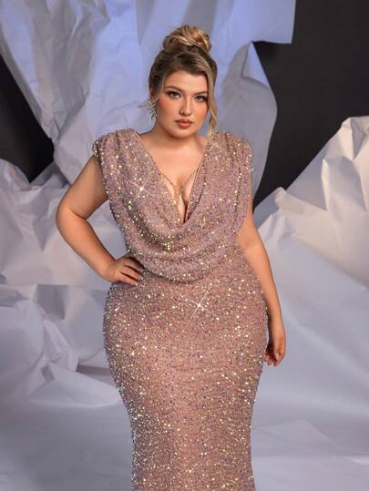 SHEIN X Izzy Darnell Glamrae Vestido elegante y sexy de noche de cola de sirena para mujer talla grande con cuello en V profundo drapeado, mangas anchas, lentejuelas color rosa loto de lujo (vestido de alta calidad), formal apropiado para fiesta de graduación, cena, evento de boda