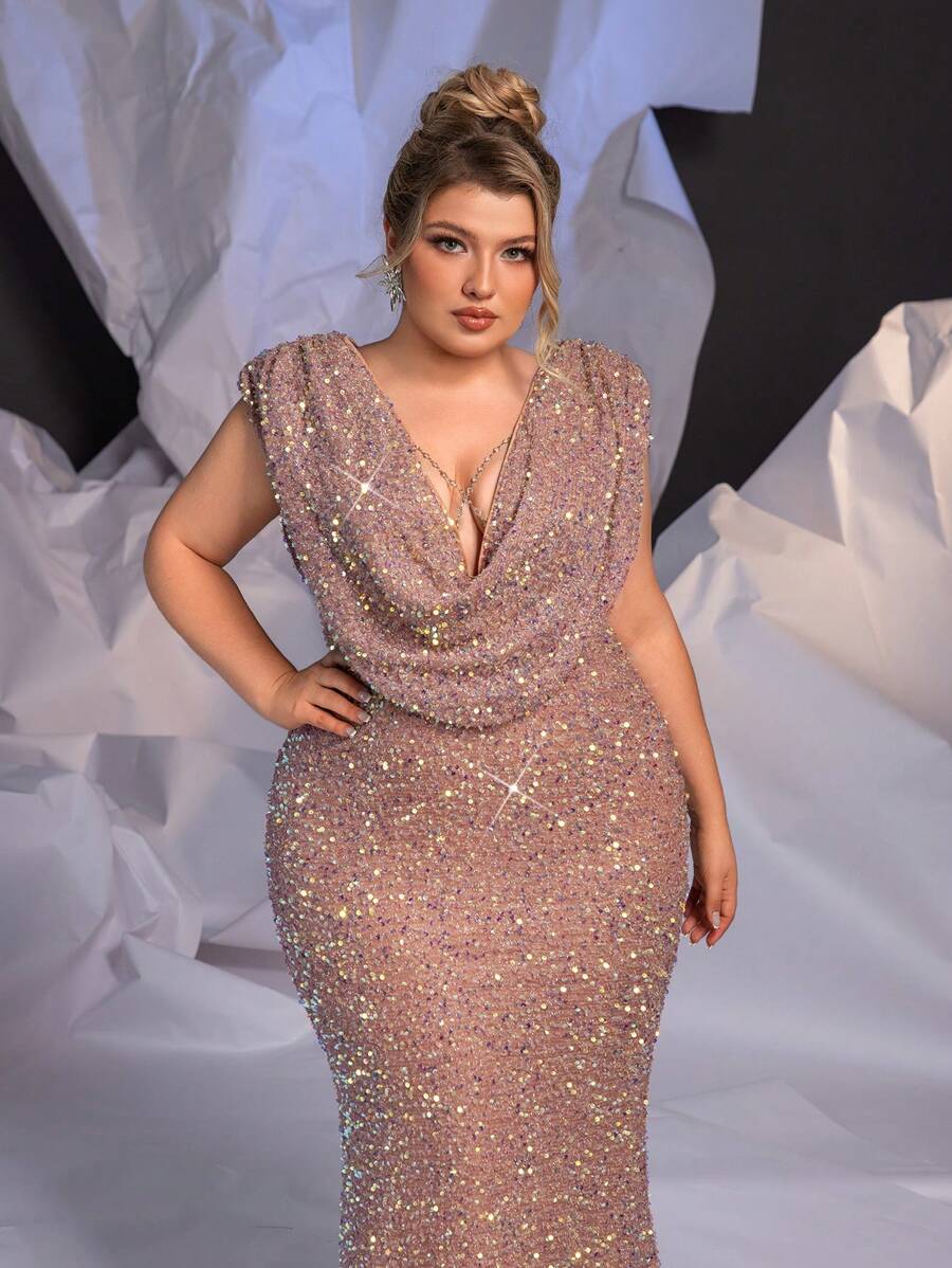 SHEIN X Izzy Darnell Glamrae 大码女式莲藕粉色奢华亮片深 V 领垂坠项链宽肩带香槟色美人鱼优雅性感晚礼服（重型礼服）正式舞会婚礼宾客礼服，适合毕业典礼、晚宴、派对礼服