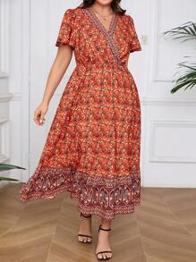 Mulvari Plus Size Women's Random Printed Simple Daily Dress - Red - View 4