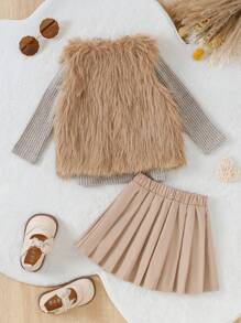 SHEIN Conjunto de 3 piezas para bebé niña: Top cálido y elegante con pelaje, Top cómodo y falda plisada, para otoño/invierno - Albaricoque - Ver 2