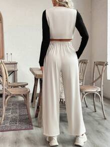 SHEIN Clasi 2pcs Women's Casual Button Embellished Cropped Vest Jacket And Pants Suit - Beige - View 3