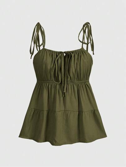 Kawaii Women's Summer Solid Color Front Tie Ruched Ruffle Hem Babydoll Cami Top