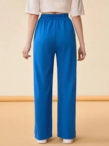 Gudetama X SHEIN 女士彈性腰卡通蛋和字母印花直筒運動長褲 - 藍色 - 查看 2