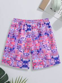 Surfspeed Men's Holiday Palm Tree Building Print Drawstring Loose Beach Shorts,Hawaiian - Multicolor - View 2