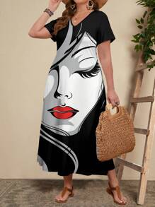 EMERY ROSE Sommer Ölgemälde Portrait Muster V-Ausschnitt Kurzarm Große Größen Frauenkleid, lässig und locker, bis zur Mitte der Wade